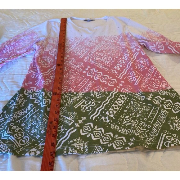 Southern Lady Blouse Sz Large Top White Pink Green Design + Stretch Casual Long - Picture 10 of 10